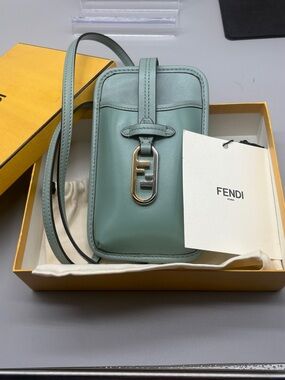 Fendi O’Lock Leather Phone Pouch Crossbody Mint Green Box Dust Bag